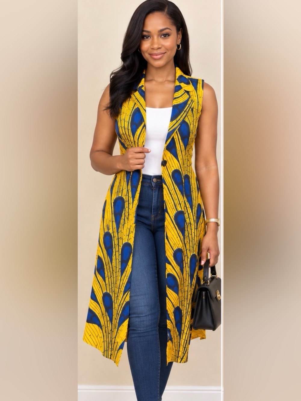 African Ankara Print Yellow Blue Sleeveless Long Duster Vest